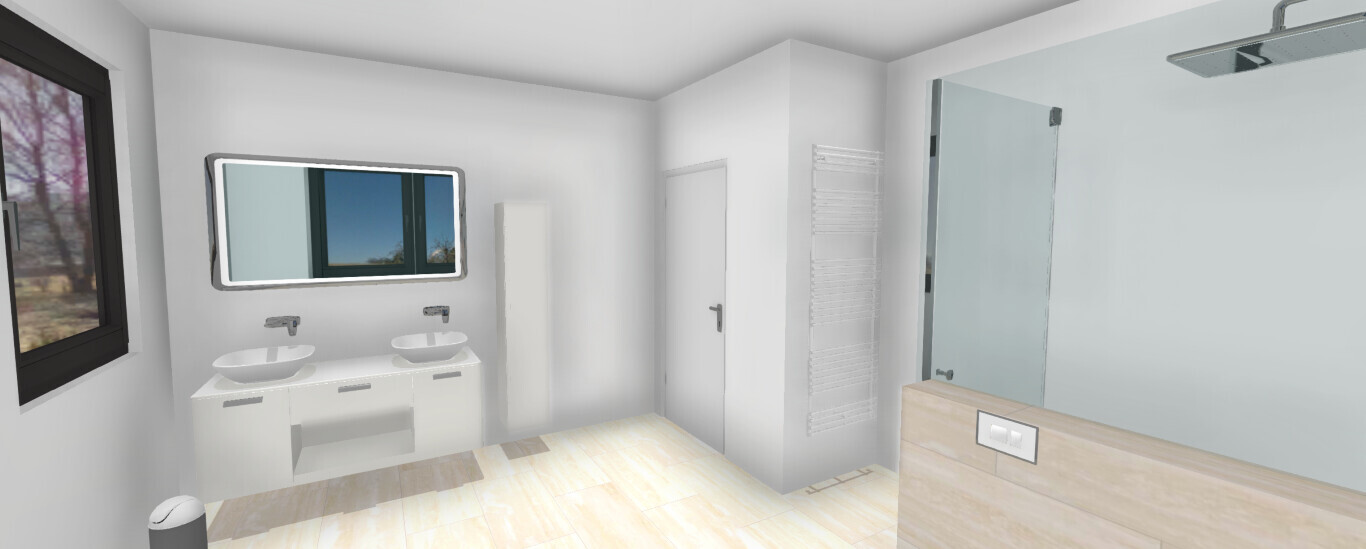Helles Badezimmer mit Doppelwaschtisch, Spiegel, Fenster und Dusche.