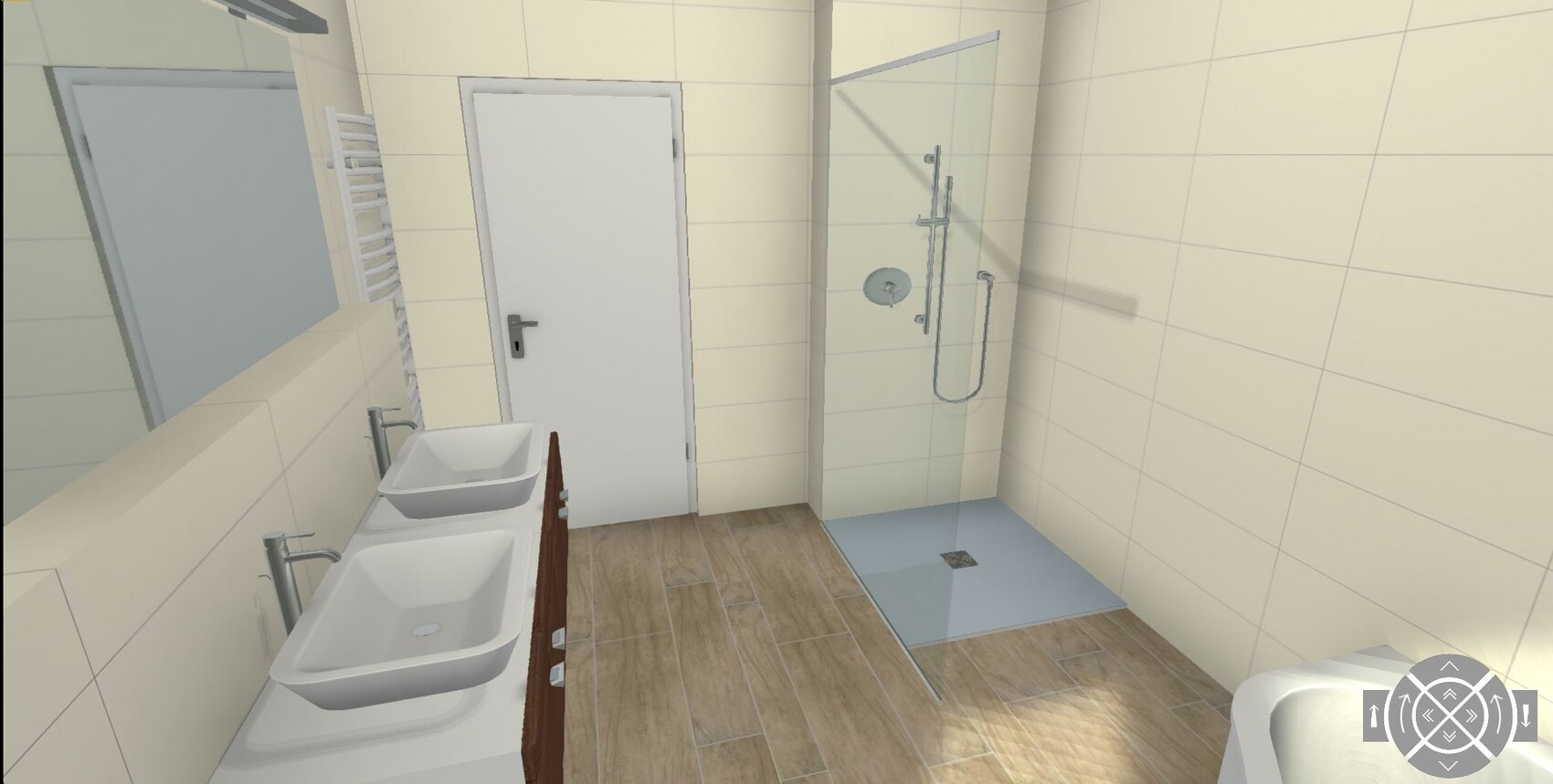 Modernes Badezimmer mit zwei Waschbecken, Glasdusche und Spiegel.