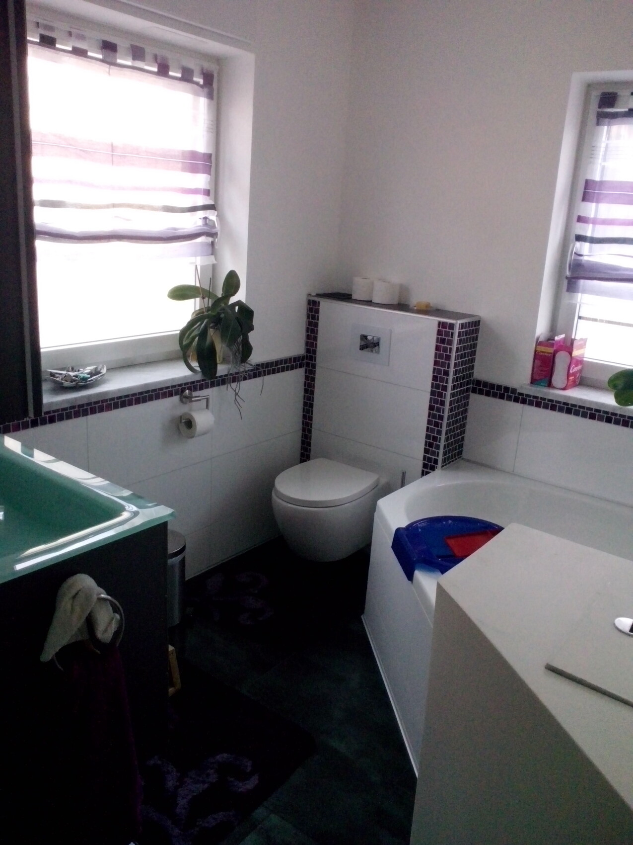 Badezimmer mit Toilette, Badewanne, Fenster mit gestreiften Jalousien, Pflanze auf Fensterbank