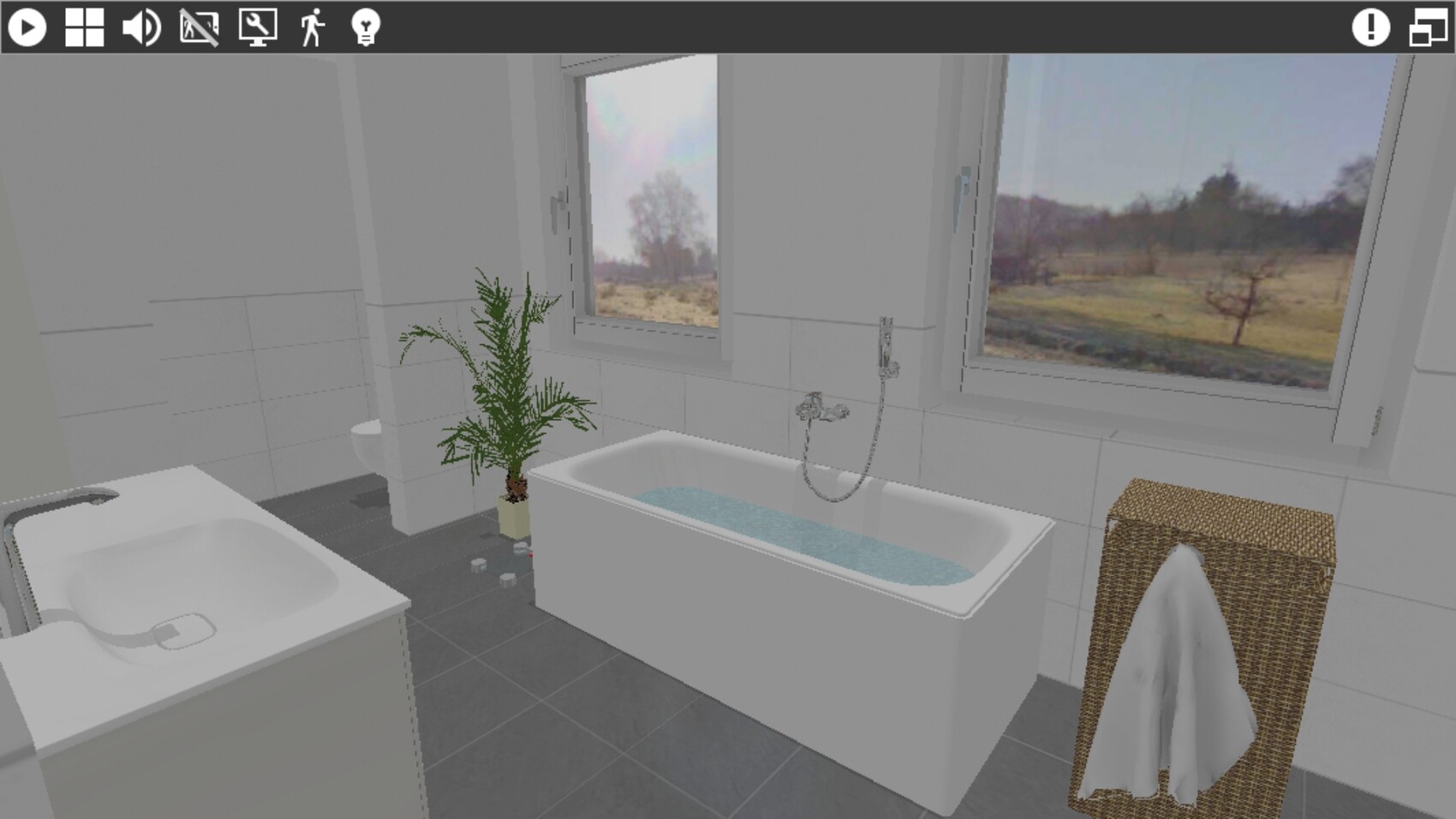 Helles Badezimmer mit freistehender Badewanne, Waschbecken, Pflanze und Wäschekorb.