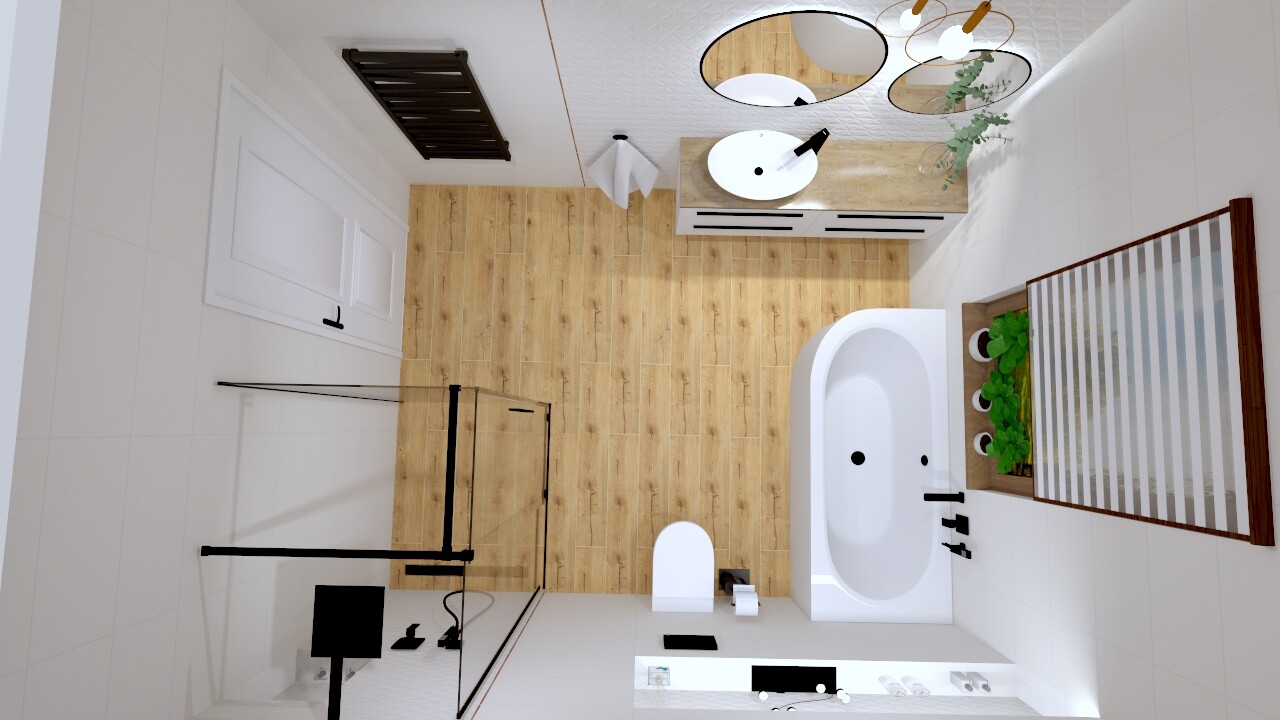 Modernes Bad: Badewanne, Toilette, Dusche, Waschtisch auf Holz, Spiegel und Pflanze.