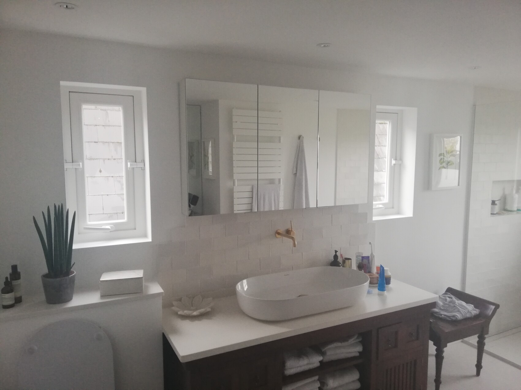 Helles Badezimmer mit ovalem Waschbecken, Spiegel-Schrank, Fenster und Pflanze