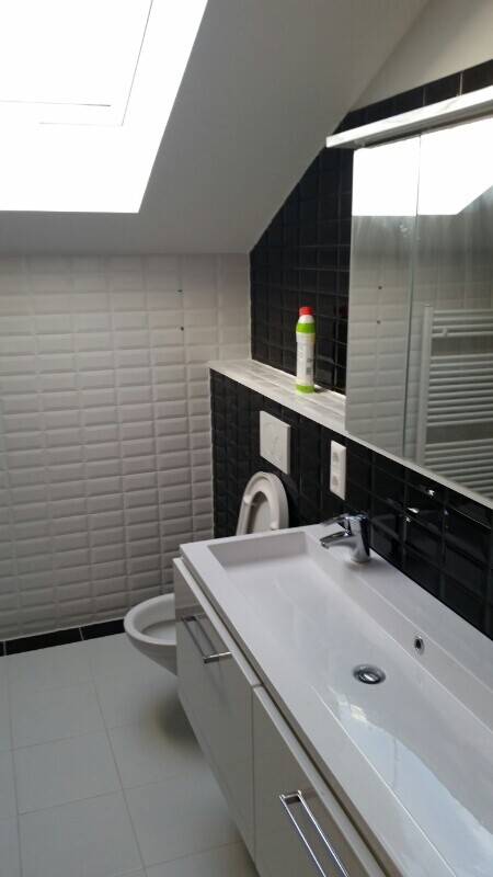 Badezimmer mit Spüle, Spiegel, schwarzer Fliesenwand, Toilette und Fensterlicht