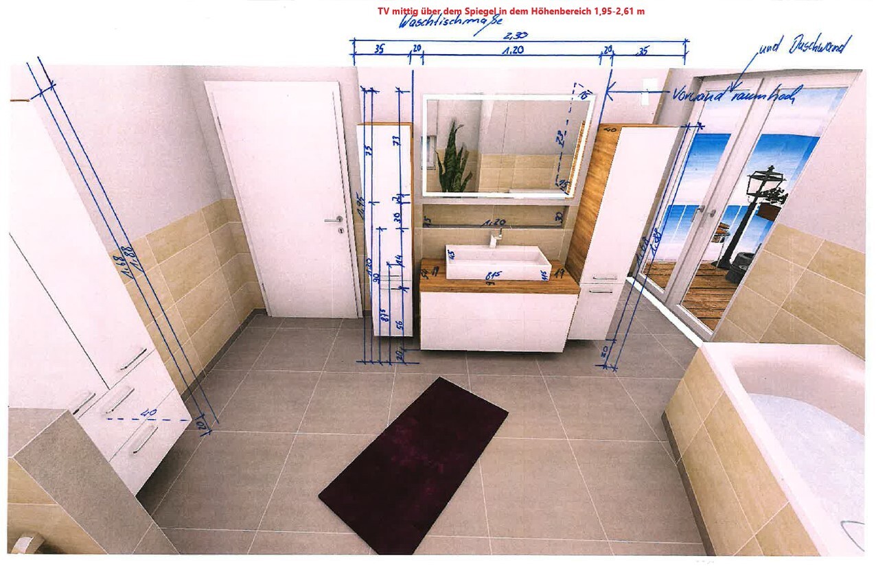 Badezimmer-Plan: Spiegelschrank, Waschbecken, Badewanne, Möbel und Maßlinien.
