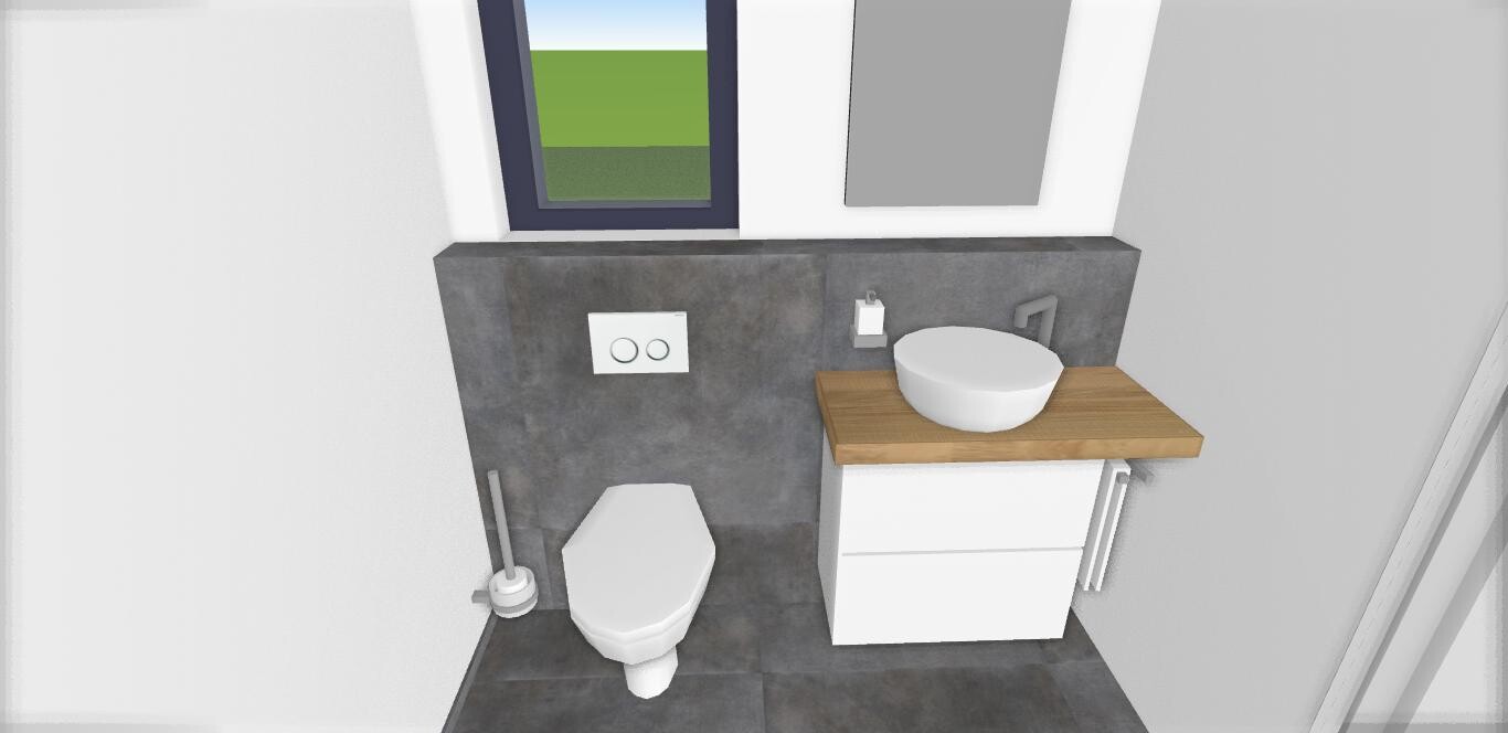 Kleines modernes Badezimmer mit grauer Steinwand, Toilette, Holz-Waschtisch und rundem Waschbecken.