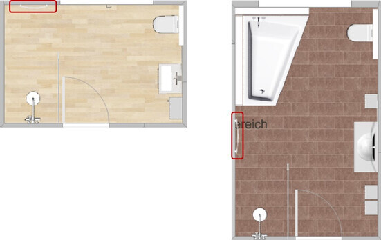 Zwei Badezimmer-Grundrisse links kleines helles Bad mit Dusche, rechts größeres Bad mit Badewanne.