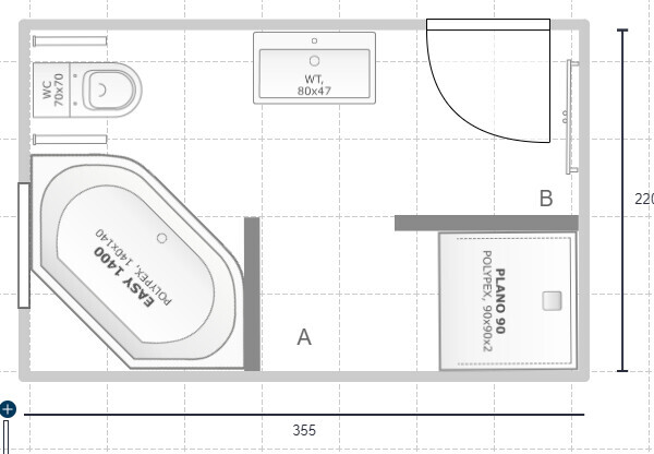 Grundriss eines Badezimmers mit Eckbadewanne, Toilette und Waschbecken