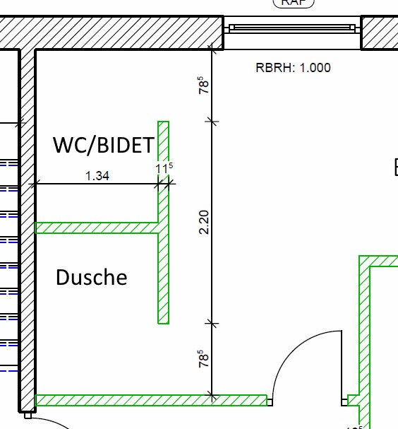 Grundriss eines Badezimmers mit WC/Bidet und Dusche, Tür, Wände, Maße im Plan.