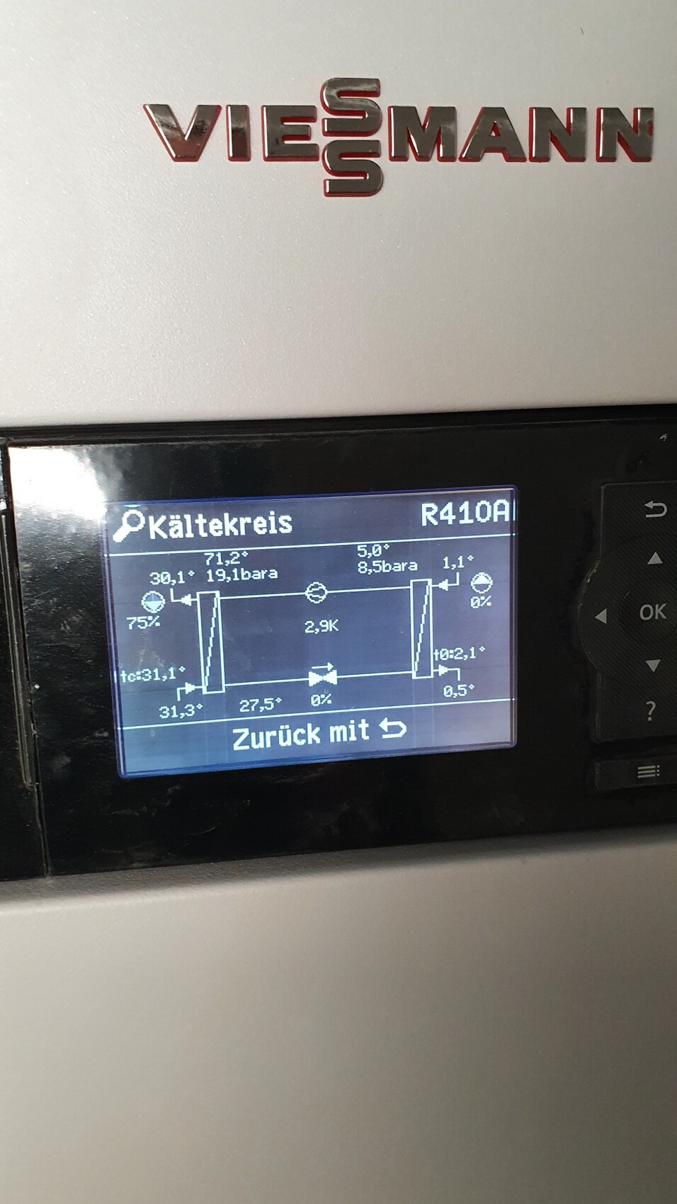 Viessmann-Gerät mit Display, zeigt Kältekreis-Diagramm (R410A).