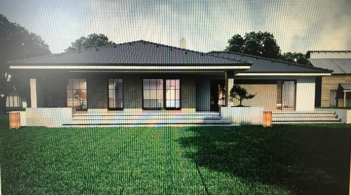 Ein modernes, einstöckiges Haus mit Flachdach, breiter Veranda, Treppenstufen und grünem Garten.