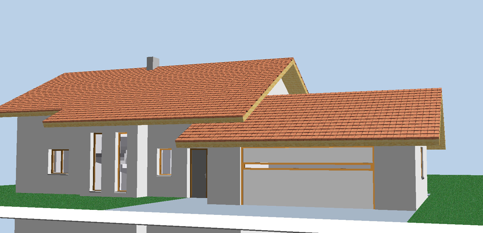 Modernes Einfamilienhaus mit rotem Ziegel-Dach, grauen Wänden, Garage und grünem Garten.
