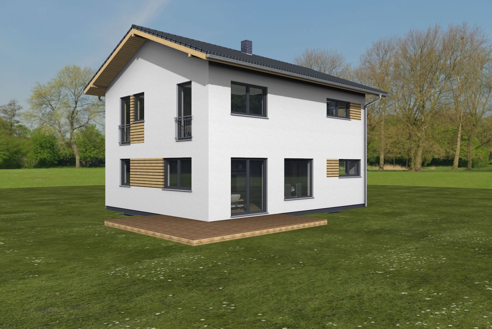 Weiße zweigeschossige Villa mit Holzakzenten, Terrasse und grünem Garten.