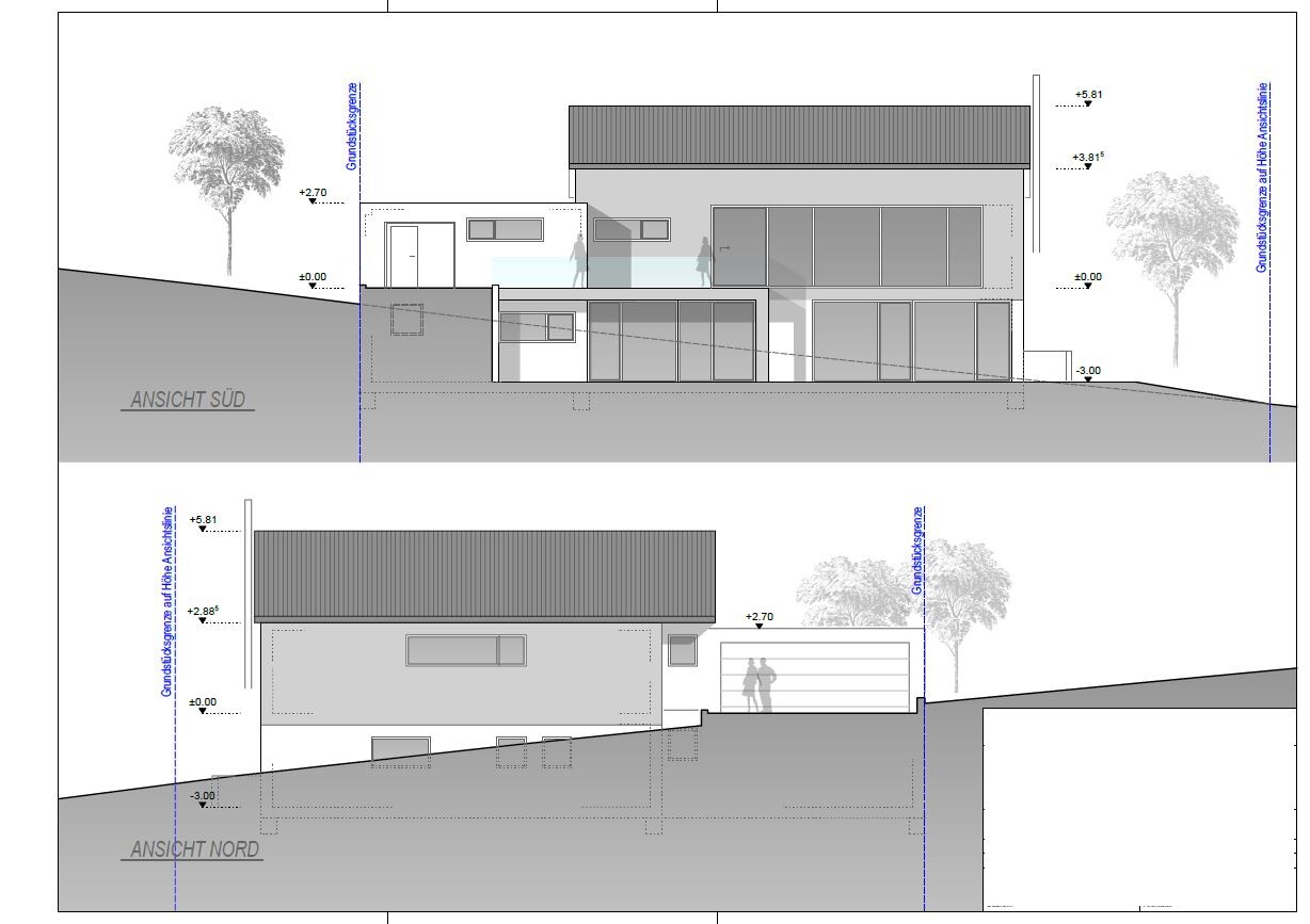 Architekturzeichnungen eines modernen Hauses am Hang; Süd- und Nordansicht mit Garage.