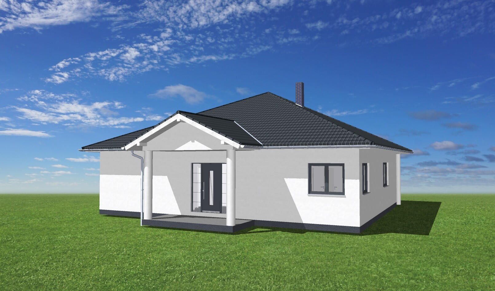 Modernes Einfamilienhaus mit grauer Fassade, dunklem Ziegeldach, Vordach und grünem Rasen.