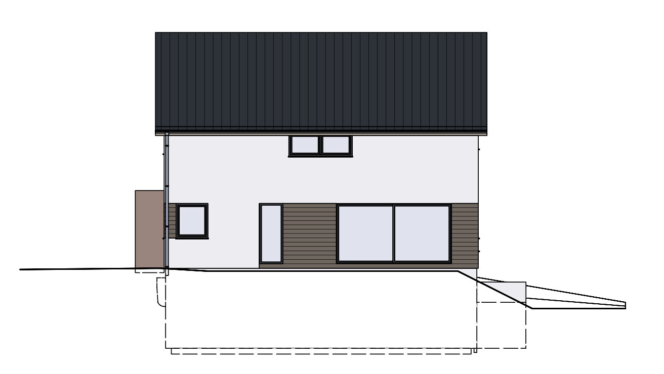 Moderne Einfamilienhaus-Außenansicht mit dunklem Dach, heller Fassade und großen Fenstern.