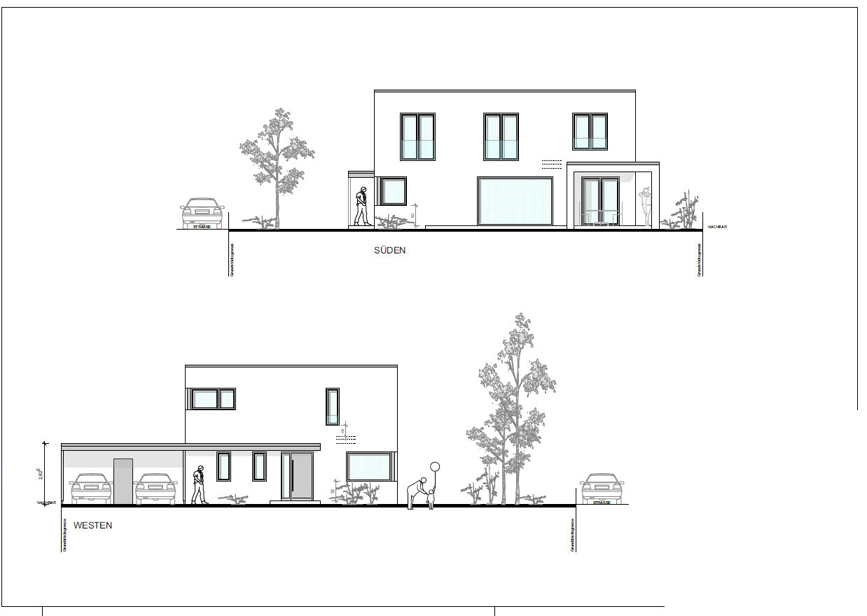 Moderne zweigeschossige Hausansicht mit Garage, Autos, Bäumen und Personen (Süden & Westen).