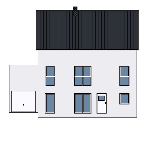 Zweistöckiges Haus mit dunklem Satteldach, grauer Fassade, Garage links und mehreren Fenstern