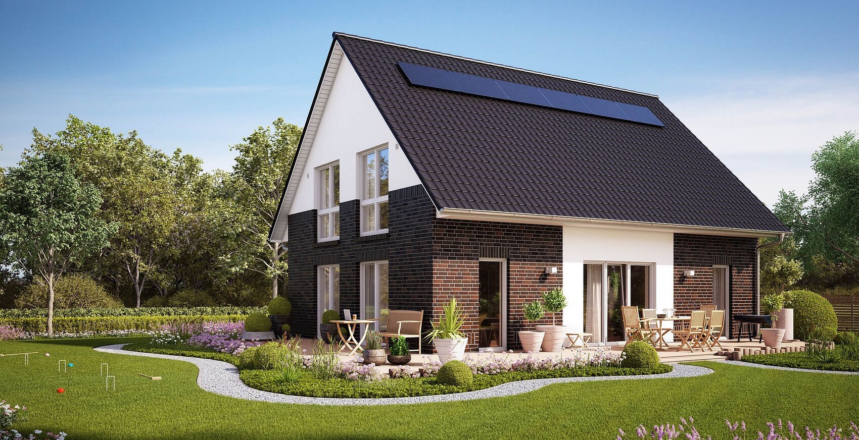 Modernes Einfamilienhaus mit dunklem Ziegel, weißen Akzenten, Solaranlage, Garten und Terrasse.