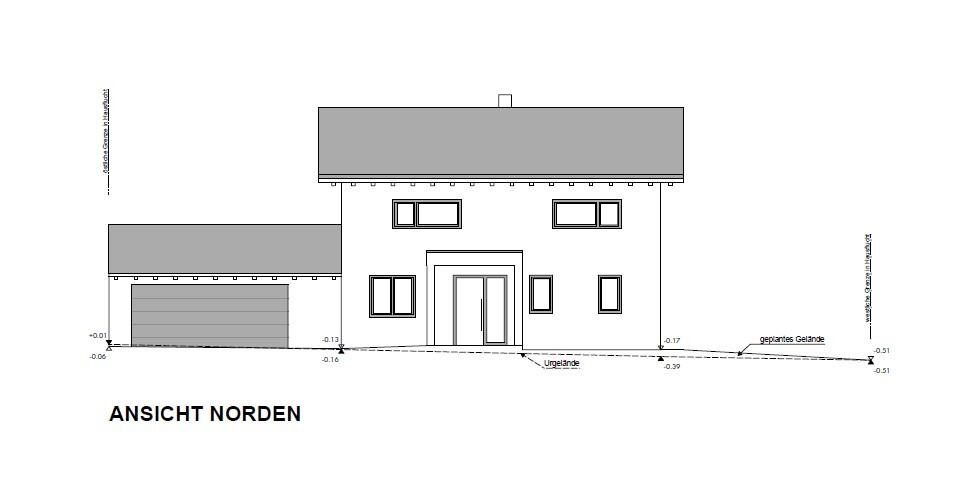 Nordansicht eines Hauses: Garage links, Haupteingang mittig, Fensteranordnung.