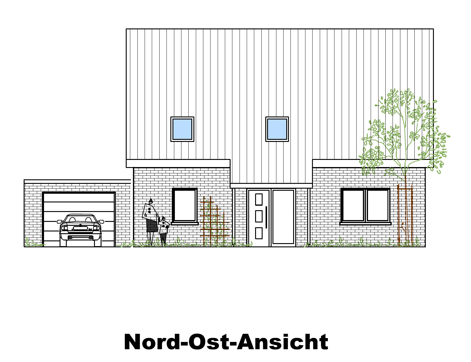 Nordostansicht eines modernen Hauses mit Garage, Auto, zwei Dachfenstern, Baum und Garten.