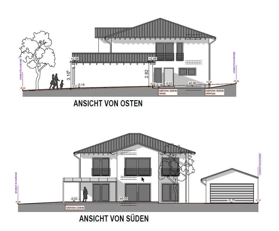 Osten- und Südansicht eines Einfamilienhauses mit Dach, Fensterfronten, Terrasse und Bäumen.