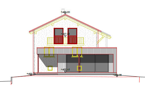 Moderne Vorderansicht eines Einfamilienhauses mit Terrasse, Balkon und großen Fenstern
