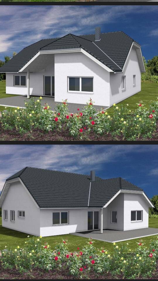 Weißes Einfamilienhaus mit grauem Satteldach, zwei Ansichten, Garten mit Blumen