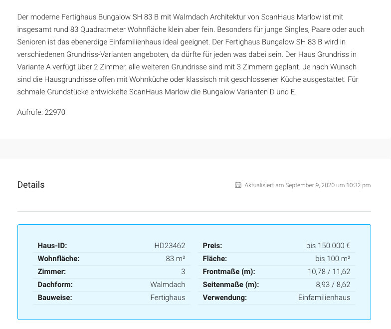 Detailseite eines Fertighaus-Bungalow SH83B, HD23462, 83 m², 3 Zimmer, Preis bis 150.000 €.