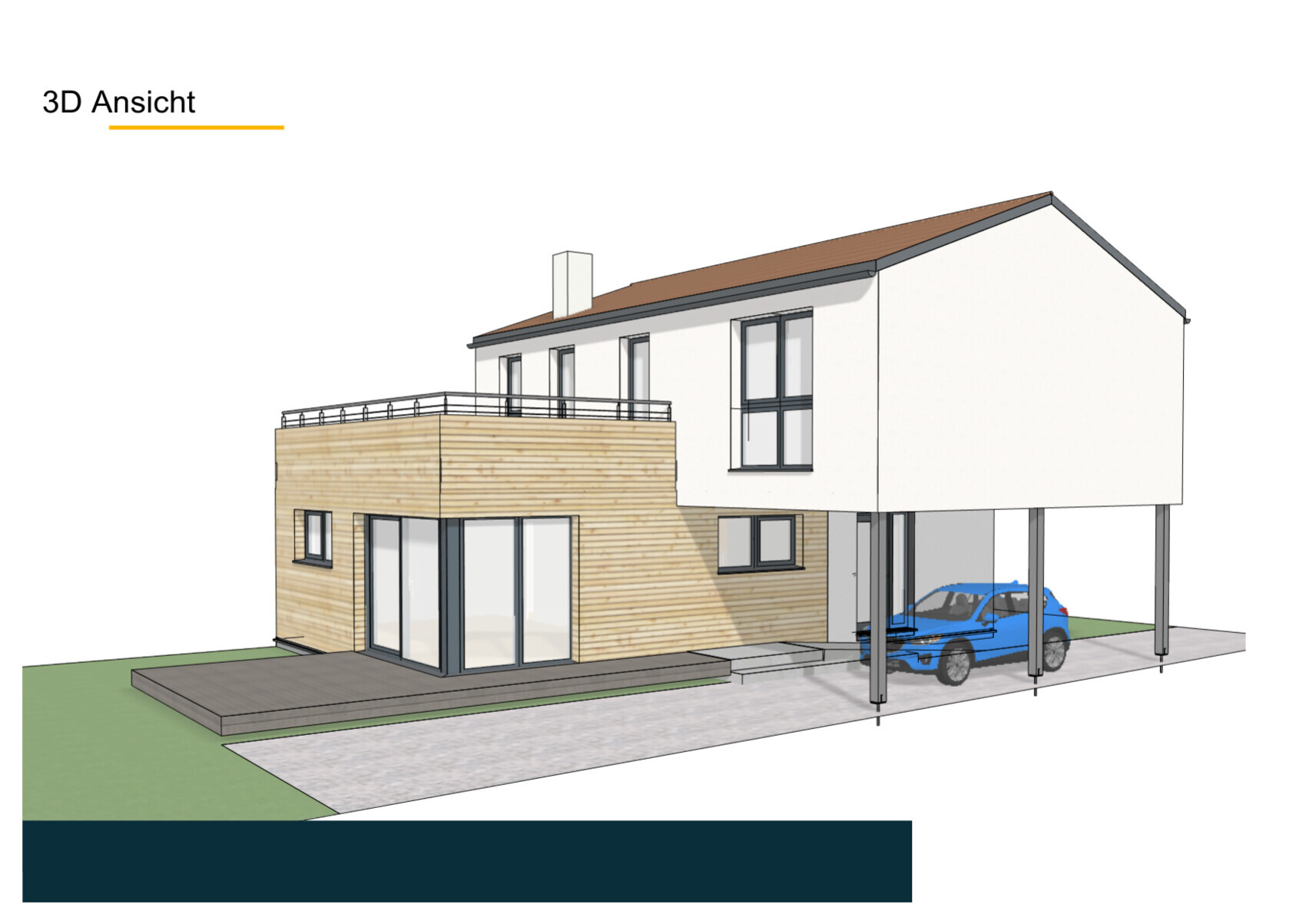 3D-Darstellung eines modernen Hauses mit Holzverkleidung, Carport und Terrasse