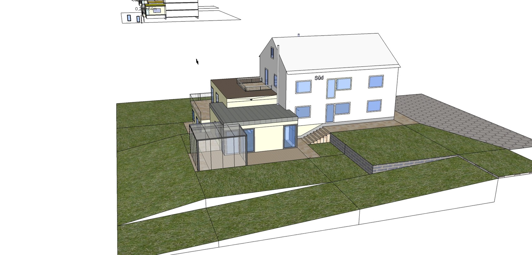 3D-Ansicht eines weißen Hauses mit Süd-Aufschrift, Terrasse, Glas-Veranda und Garten.