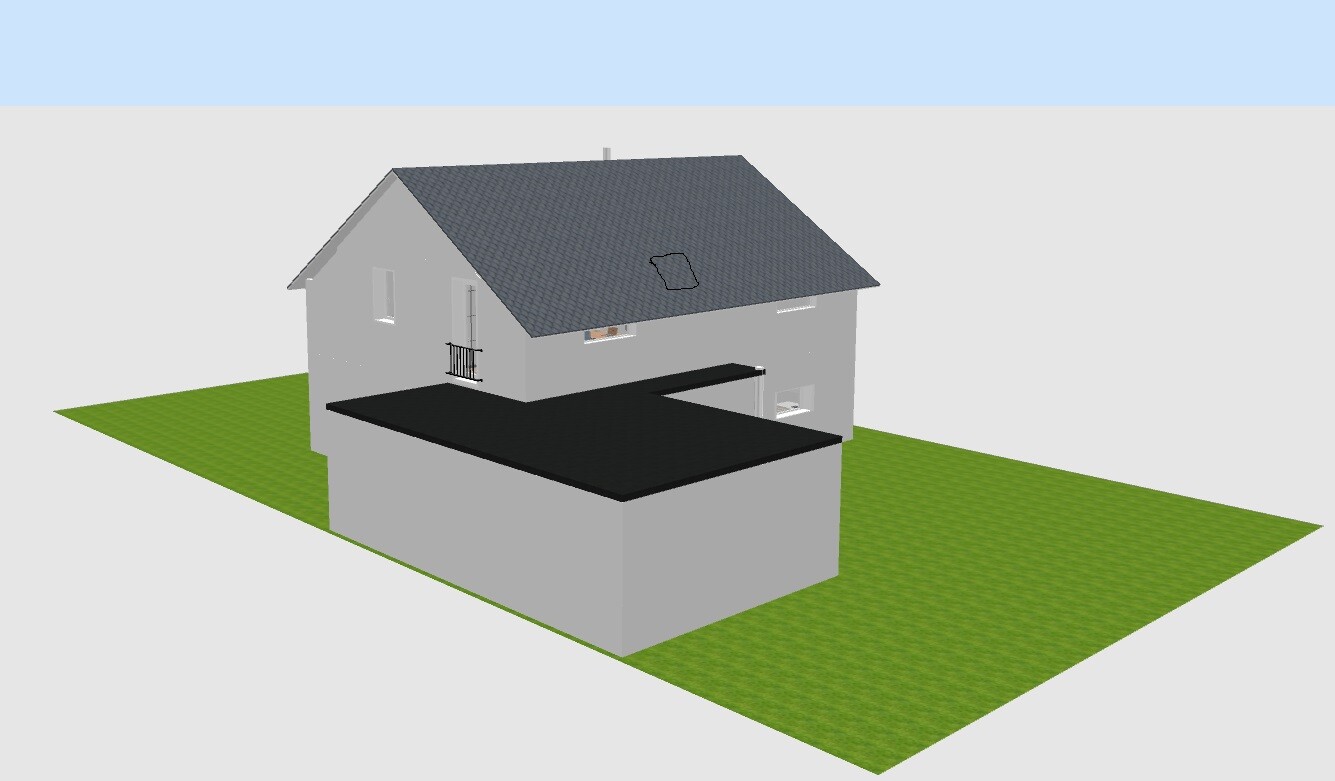 3D-Modell eines Hauses mit grauem Satteldach, dunkler Terrasse und grünem Garten.