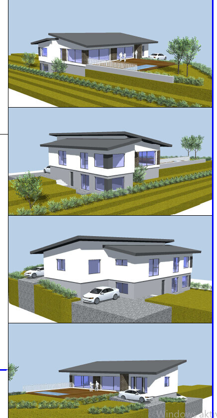 Vier Perspektiven eines modernen weißen Hauses mit Flachdach, Terrasse und Auto