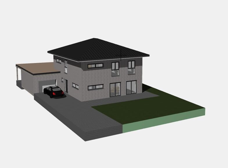Zweistöckiges modernes Haus mit dunklem Dach, Carport, geparktes Auto und Garten.