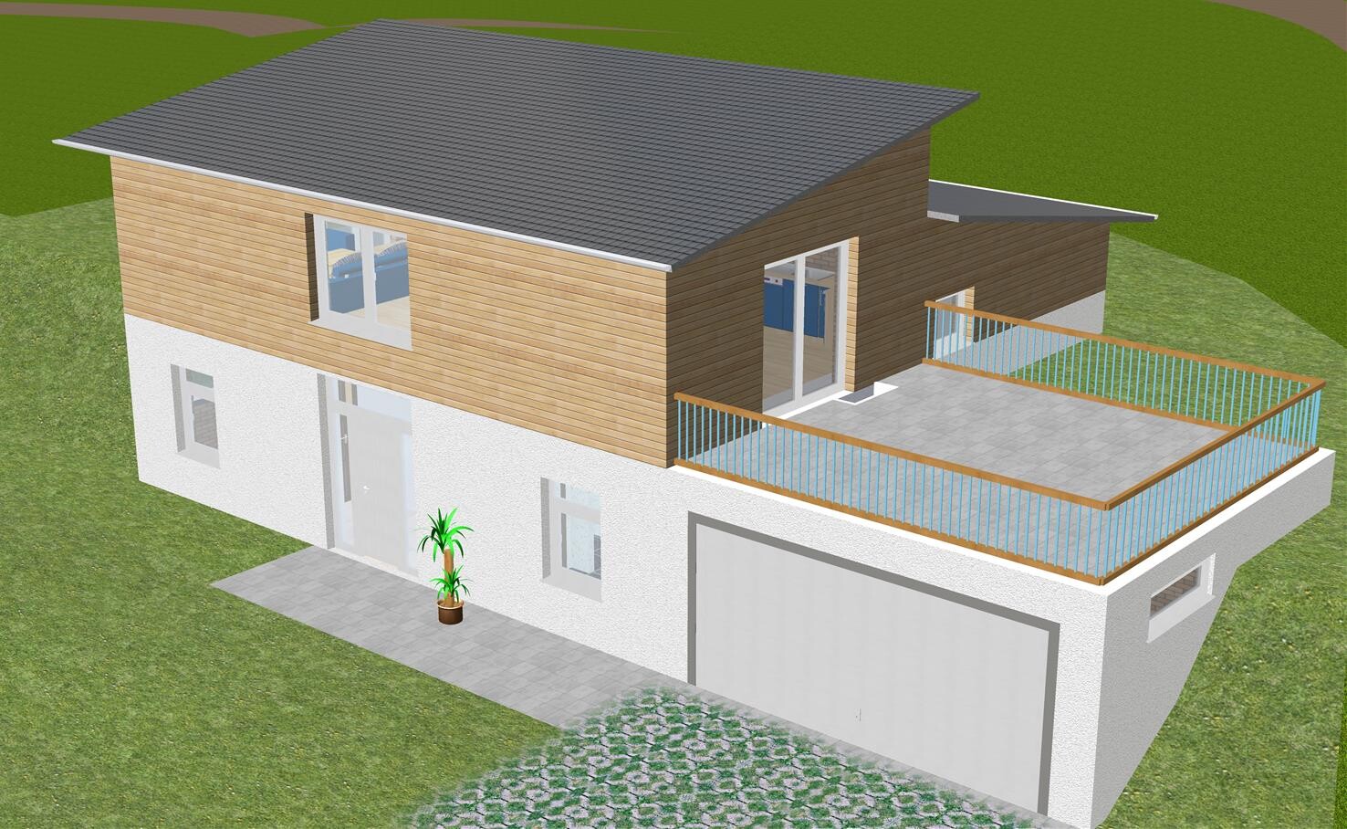 Modernes zweistöckiges Haus mit Holzfassade oben, weißem Sockel, große Terrasse und Garage.