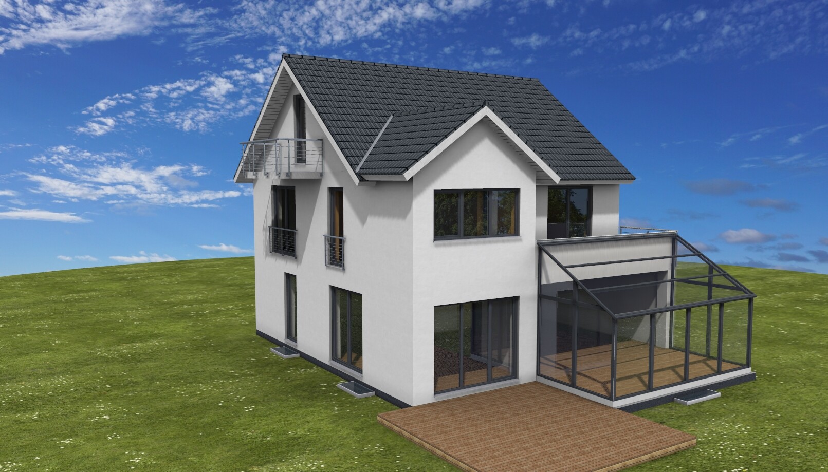 Modernes weißes Einfamilienhaus mit grauem Satteldach, Balkonen und verglaste Veranda auf Grünland.