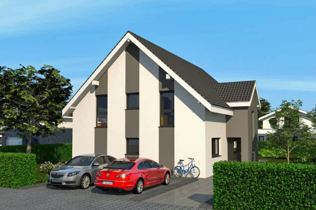 Moderne Einfamilienhaus-Vorderansicht mit zwei Autos und Fahrrad.