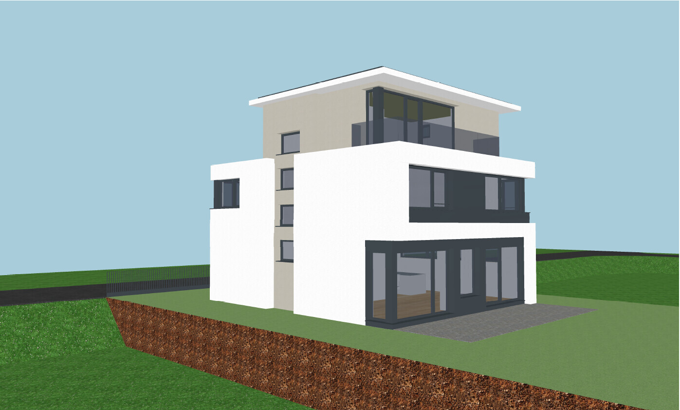 Moderne dreistöckige Villa mit weißer Fassade, großen Glasfronten und Terrasse am Hang.
