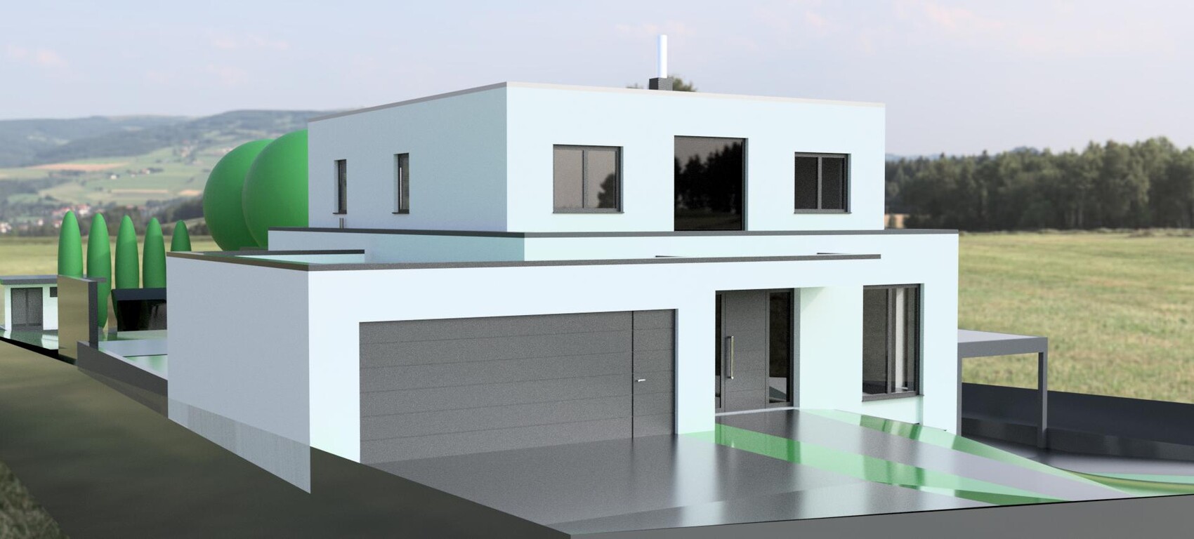 Moderne 3D-Visualisierung eines zweistöckigen Hauses mit Garage