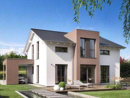 Modernes zweistöckiges Haus mit weißer Fassade, großen Fenstern und Garten.