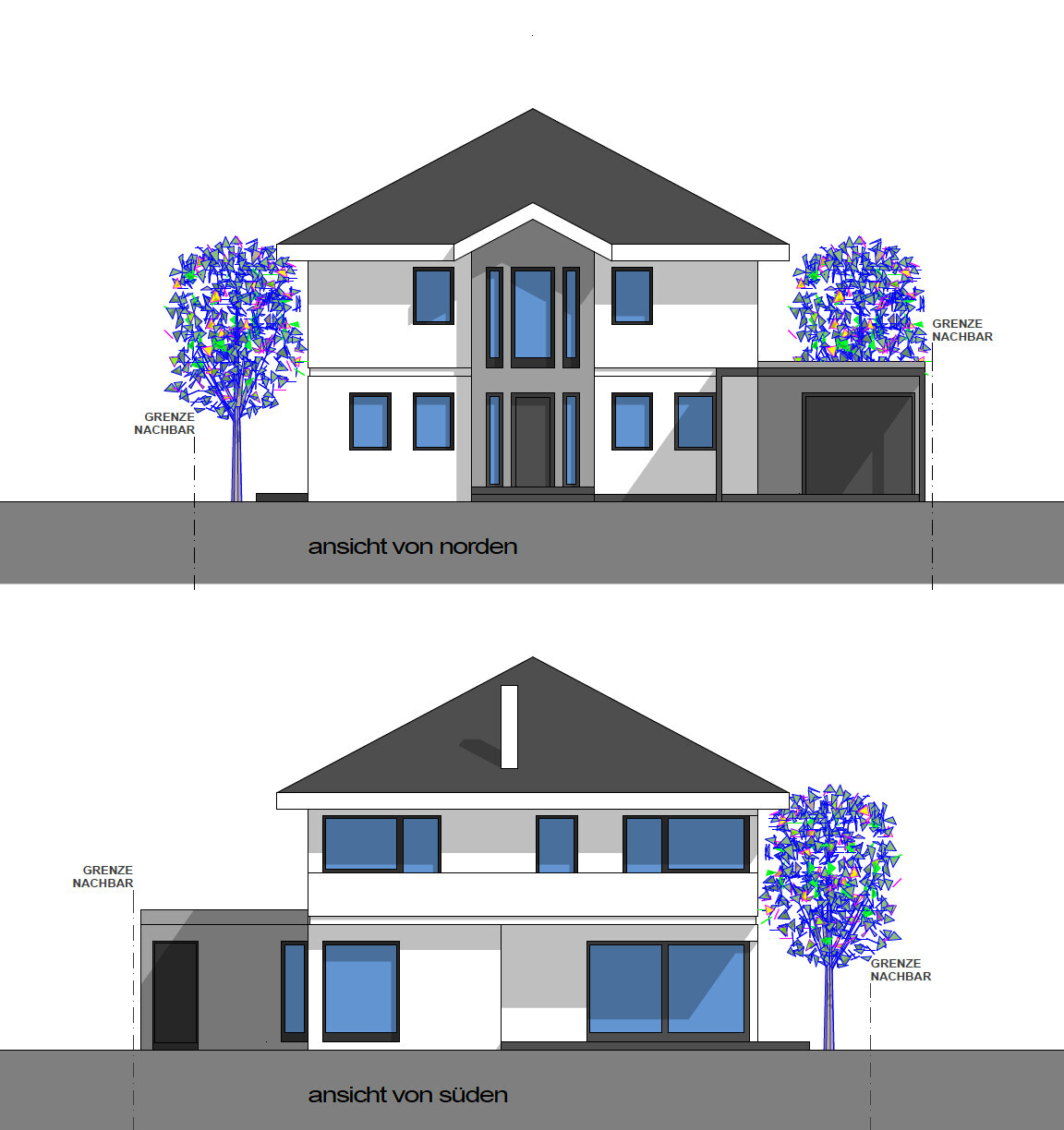Zweigeschossiges modernes Haus, Nord- und Südansicht, graue Fassade, zentraler Eingang, Garage.