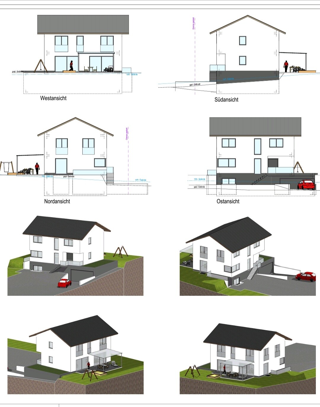 3D-Ansichten und Grundrisse eines Einfamilienhauses mit Garten und Garage.
