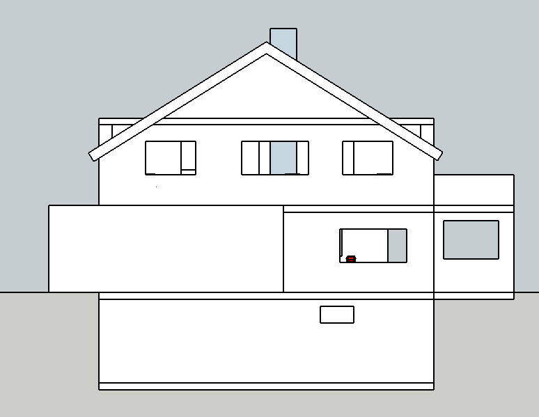 Zweistöckiges Haus mit Satteldach, seitlichem Anbau und großen Fenstern.