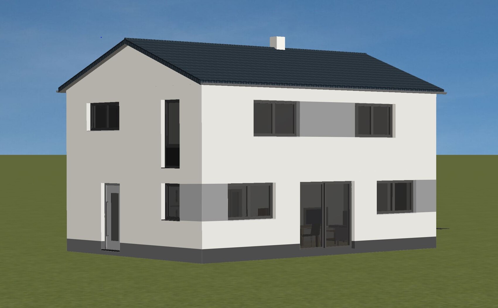 Modernes zweistöckiges Haus mit dunklem Dach, weißen und grauen Fassaden, großen Fenstern auf Rasen.