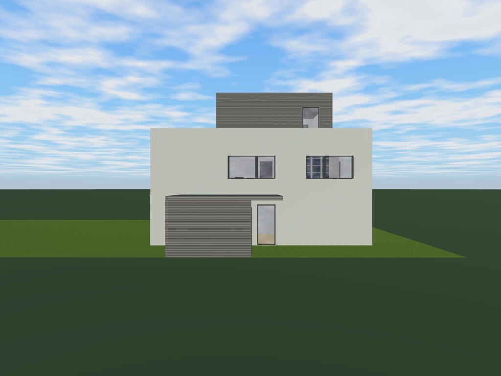 Moderne weiße zweistöckige Hausfassade mit grauer Garage, mehreren Fenstern und grüner Landschaft.