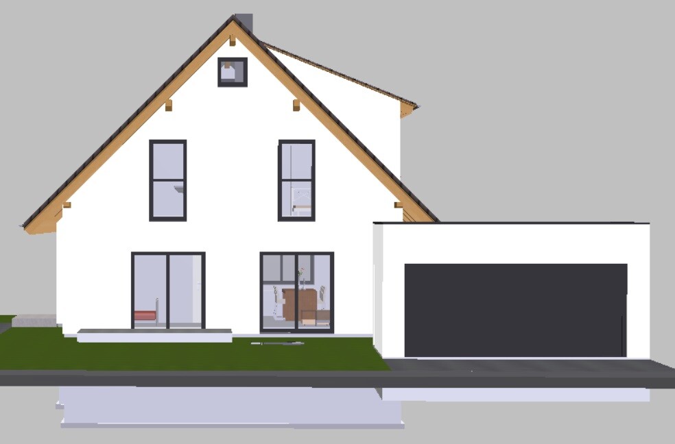 Modernes weißes Einfamilienhaus mit Satteldach, großen Glasfenstern und Garage.