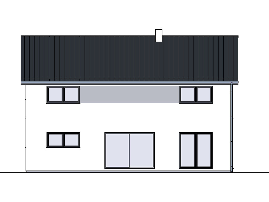 Zweistöckiges Haus mit dunklem Dach, weißer Fassade und mehreren Fenstern.