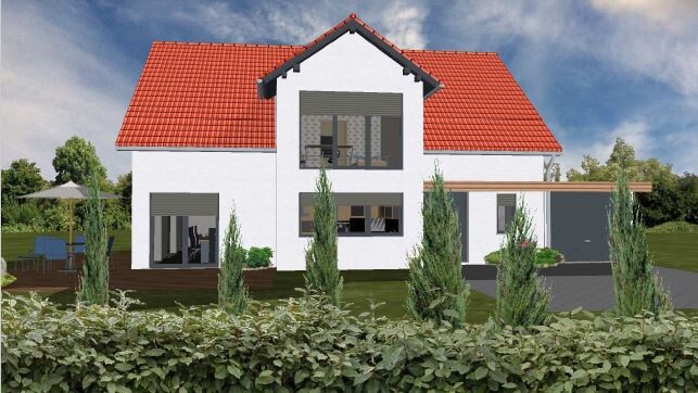 Außenansicht eines modernen zweistöckigen Hauses mit rotem Ziegeldach und Garten