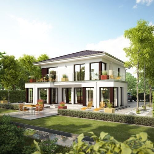 Moderne zweigeschossige Villa als 3D-Render mit großen Fenstern, Terrasse und Garten.