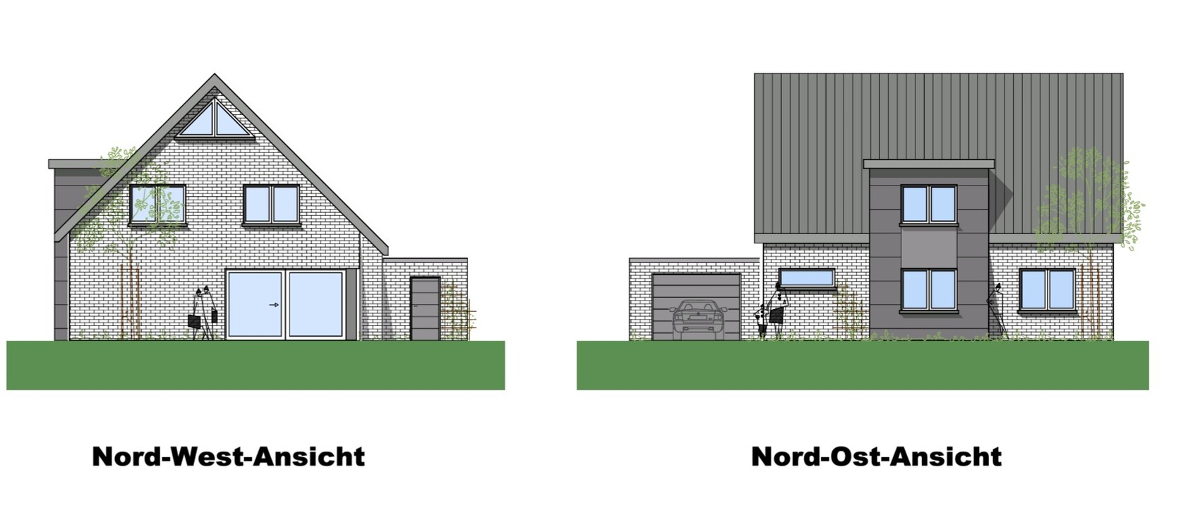 Zwei Hausansichten: Nord-West mit Giebeldach; Nord-Ost mit Garage und moderner Fassade.