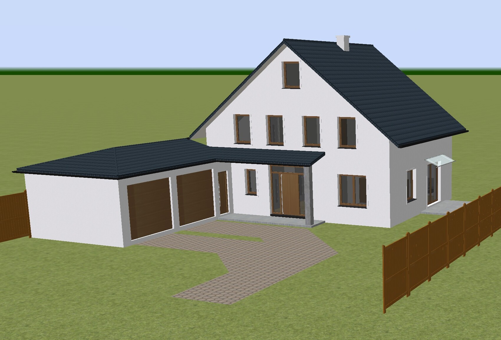 3D-Modell eines weißen Hauses mit dunklem Satteldach, Anbau mit Garage und Pflastereinfahrt